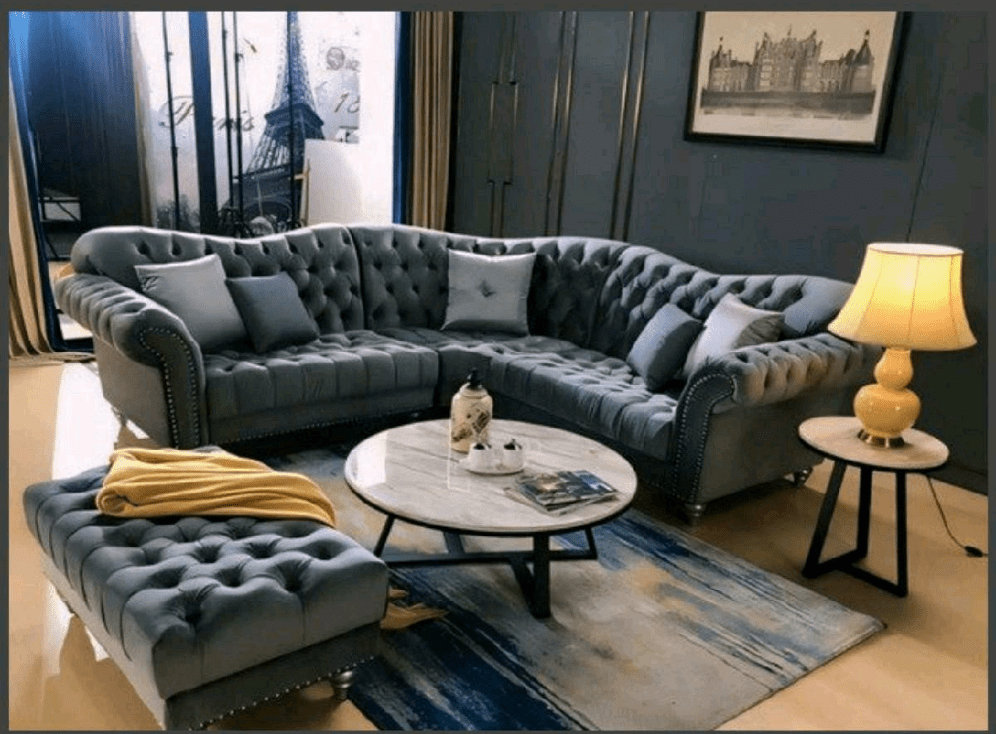 The Elegance Chesterfield Corner Sofas in Luxury Dark Grey Velvet, Immediate Delivery - MOOAZAA 