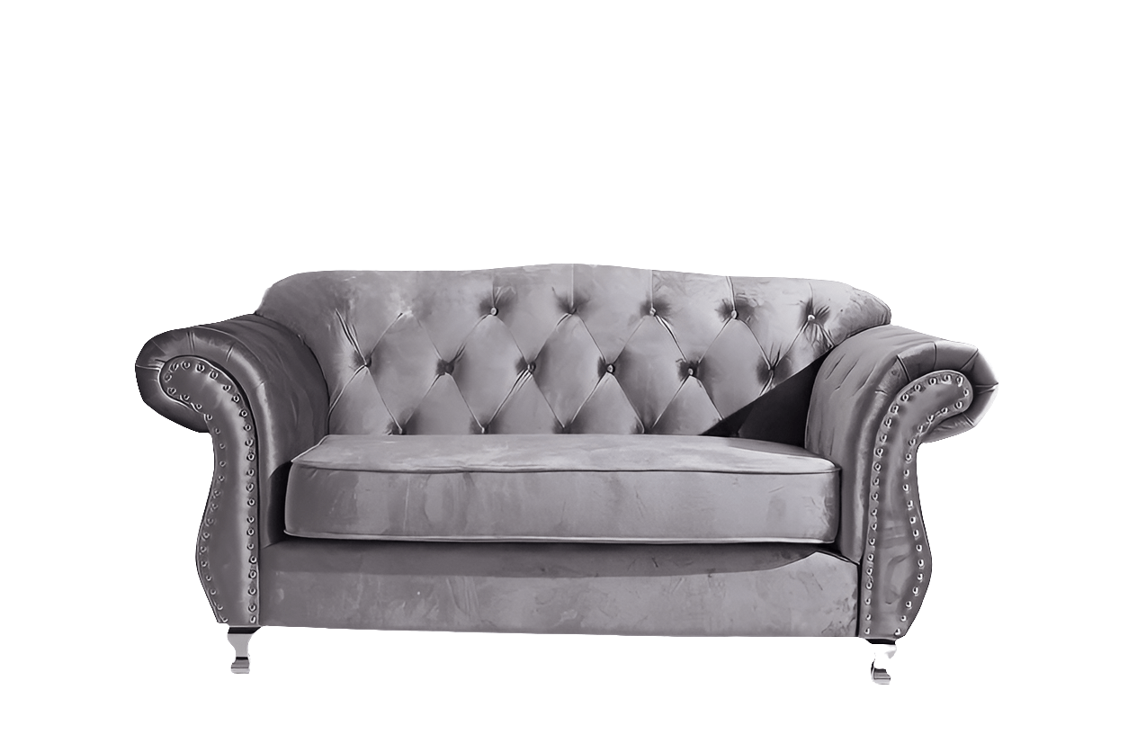 Gray tufted sofa on a white background