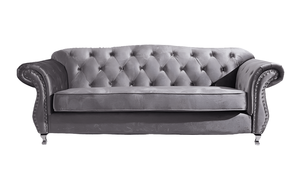 Gray velvet sofa with tufted backrest on a white background