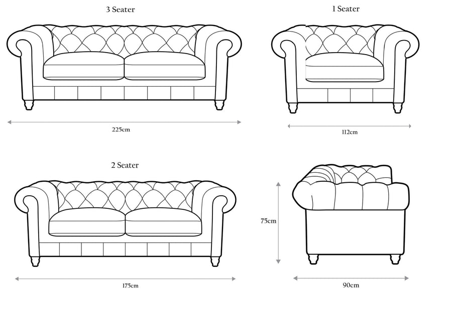 Illustrations of different sofa sizes with dimensions on a white background