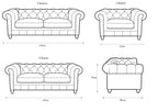 Illustrations of different sofa sizes with dimensions on a white background