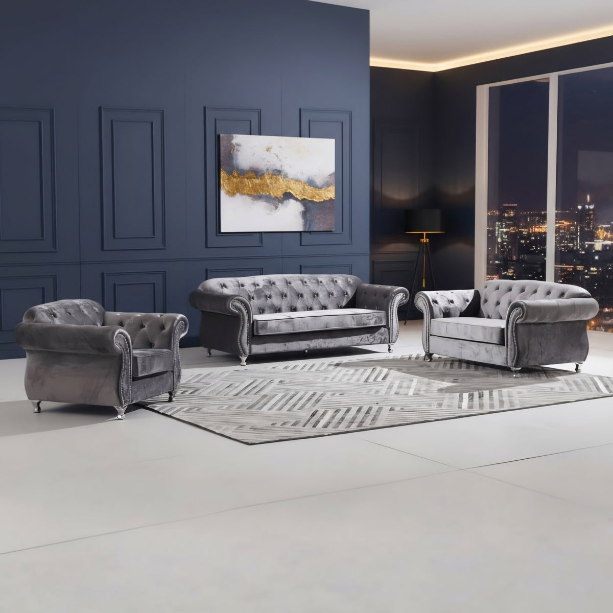 Luxury Chesterfield Velvet Sofa – Dark Grey & Black