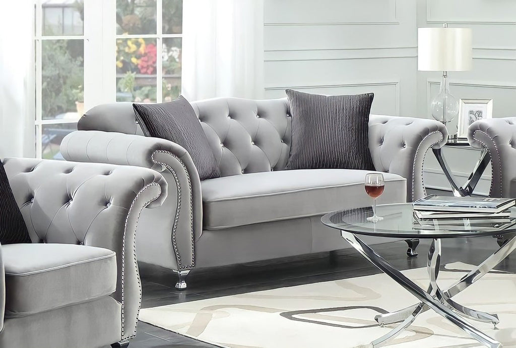 The New Chesterfield Sofas Sets in Luxury Grey Velvet, Express Delivery - MOOAZAA 