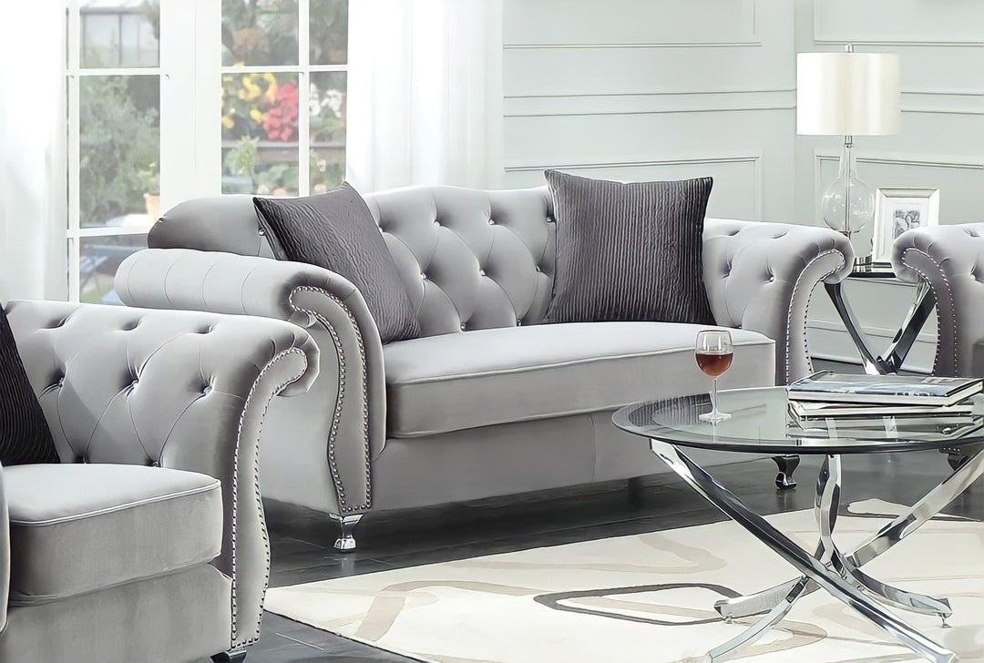 The New Chesterfield Sofas Sets in Luxury Grey Velvet, Express Delivery - MOOAZAA 