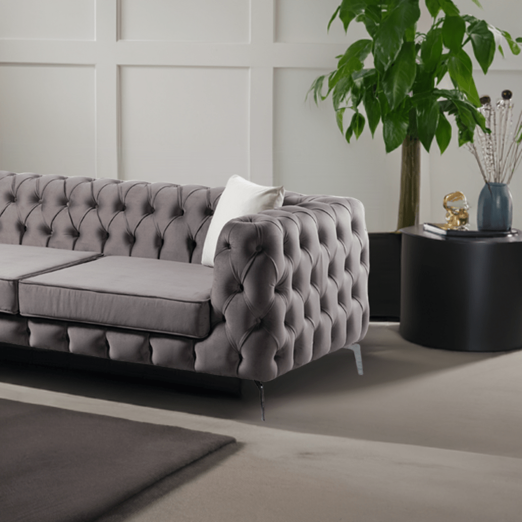 The Rocky Chesterfield Dark Grey Velvet Corner Sofa - MOOAZAA 