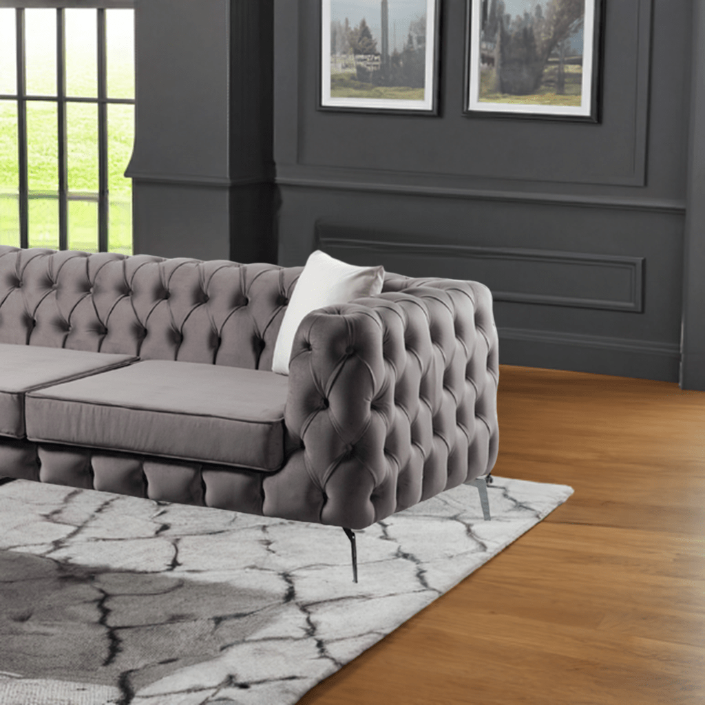The Rocky Chesterfield Dark Grey Velvet Corner Sofa - MOOAZAA 