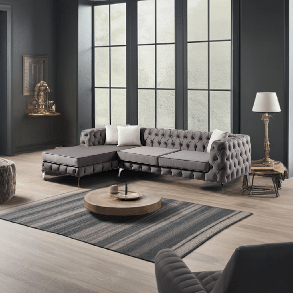 The Rocky Chesterfield Dark Grey Velvet Corner Sofa - MOOAZAA 