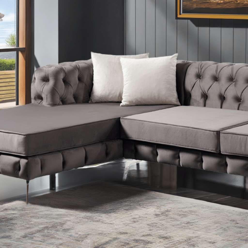 The Rocky Chesterfield Dark Grey Velvet Corner Sofa - MOOAZAA 