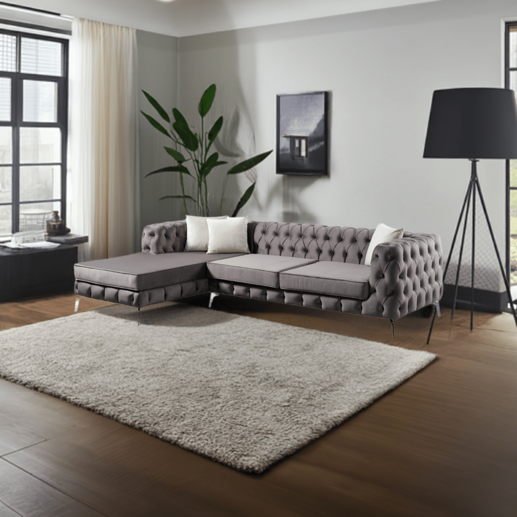 The Rocky Chesterfield Dark Grey Velvet Corner Sofa - MOOAZAA 