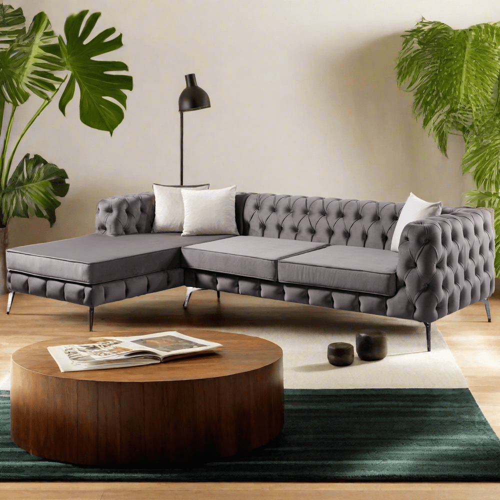 The Rocky Chesterfield Dark Grey Velvet Corner Sofa - MOOAZAA 