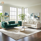 Modern living room with a green sofa, beige couch, and abstract art on a sunny day.