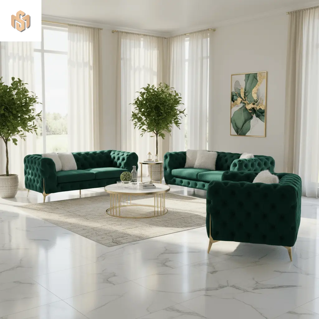 Modern living room with green velvet sofas, a coffee table, and decorative plants.