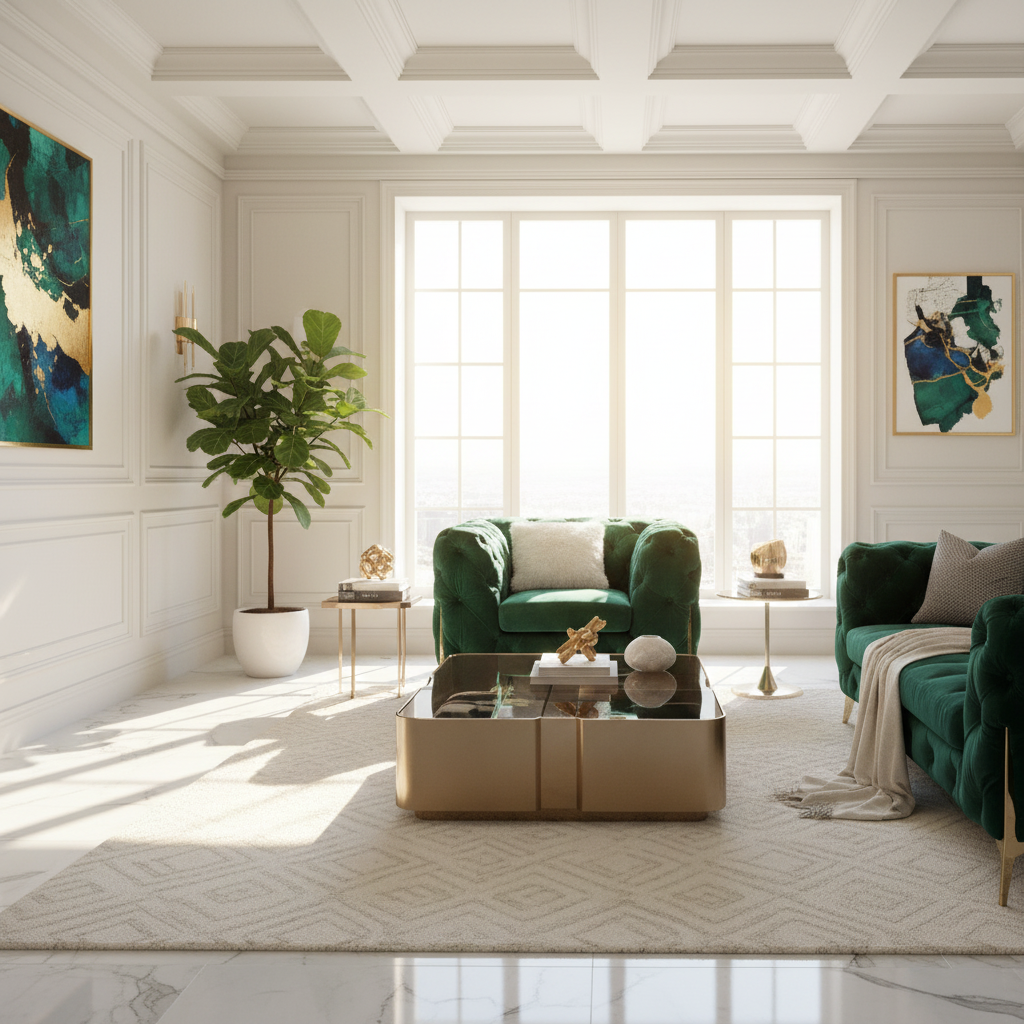 Modern living room with green velvet sofa, coffee table, and decorative elements.