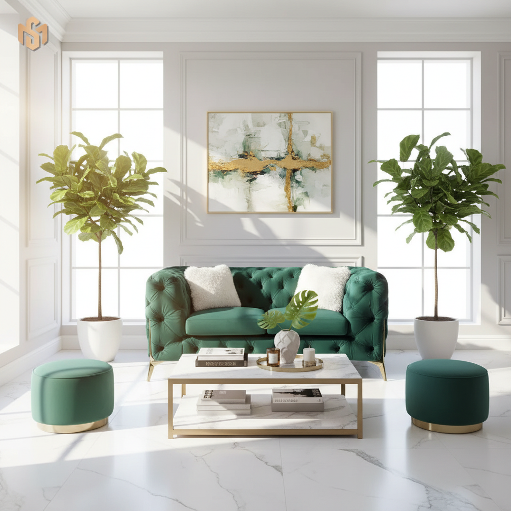 Modern living room with green sofa, ottomans, and potted plants.