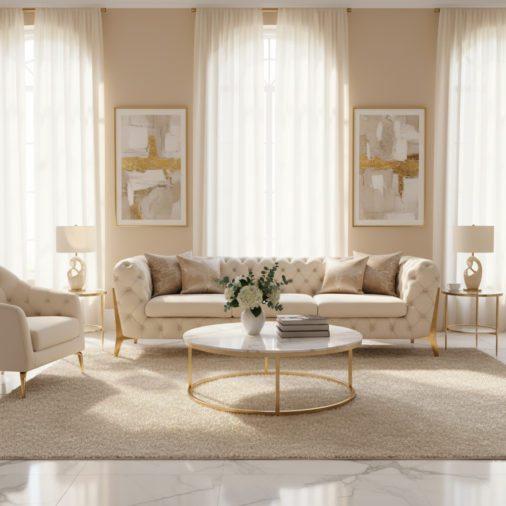 Living room with beige sofa, armchair, and coffee table with decor items.