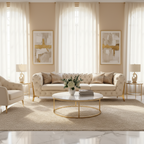 Living room with beige sofa, armchair, and coffee table with decor items.