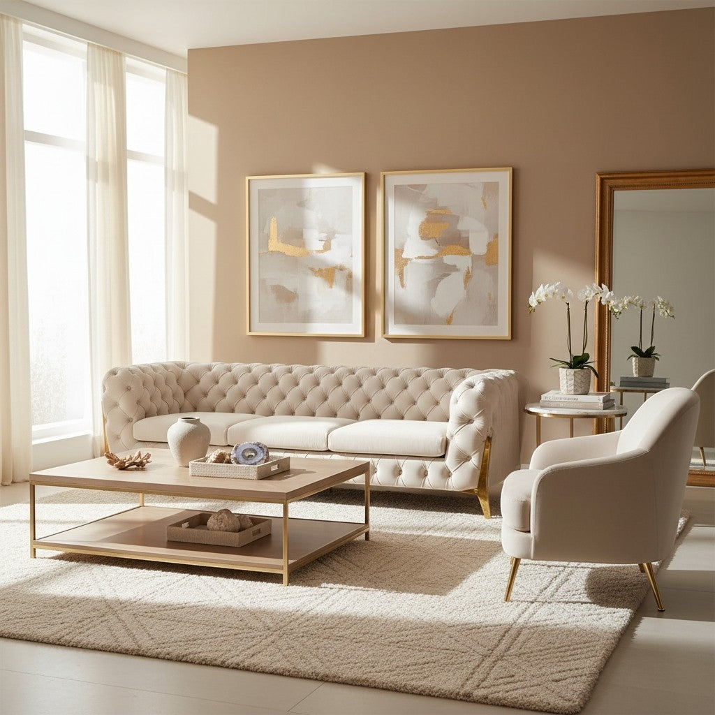 Modern living room with beige sofa, armchair, and abstract art on the wall.