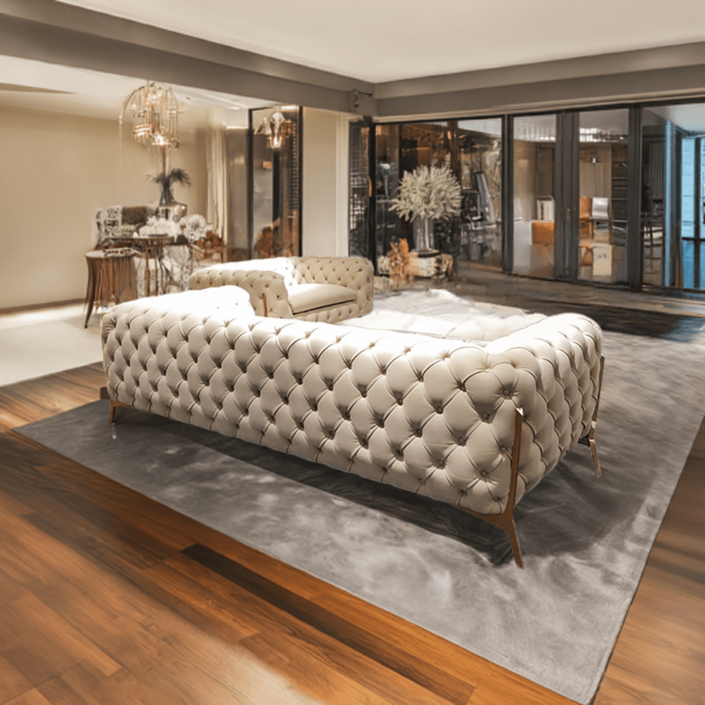 Decorative sofa in a stylish living room with large windows.