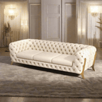 Luxurious white tufted sofa in a stylish room with decorative lighting.