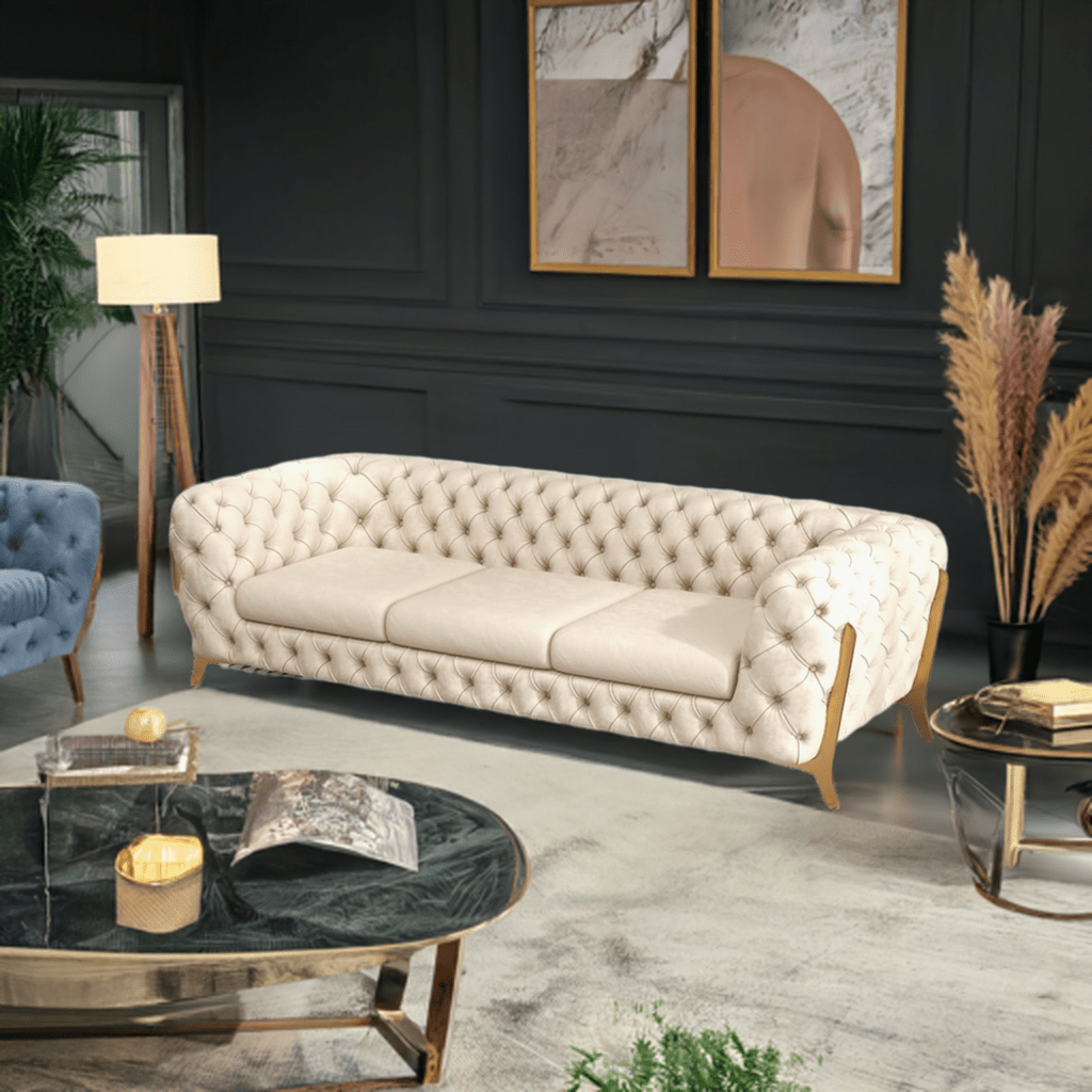 Beige tufted sofa in a stylish living room with decor elements.