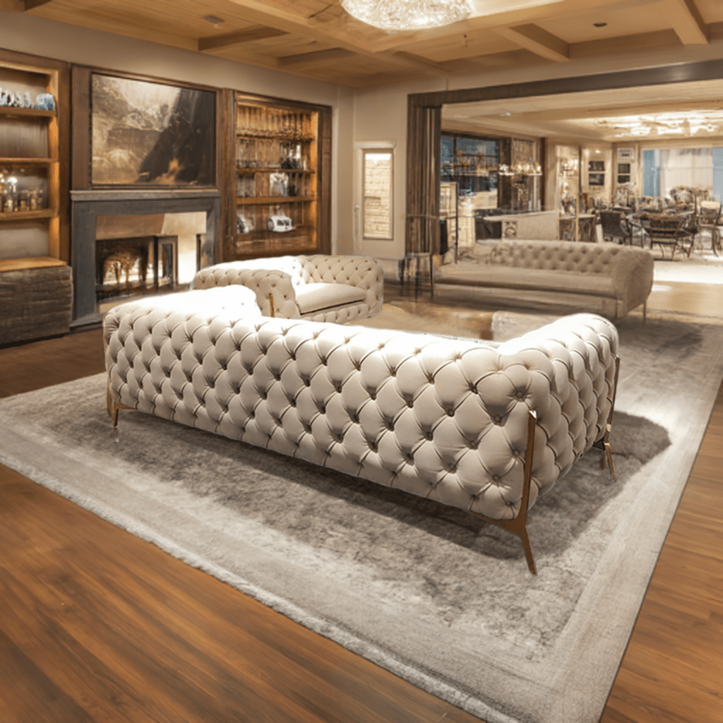 Luxurious living room with tufted sofa, bookshelves, and fireplace.
