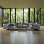 Gray tufted sofa set with a coffee table in a room with large windows showing a forest view.