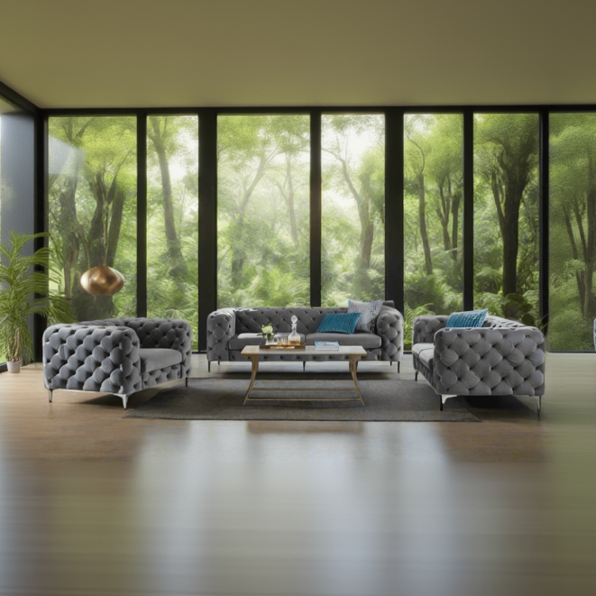 Gray tufted sofa set with a coffee table in a room with large windows showing a forest view.
