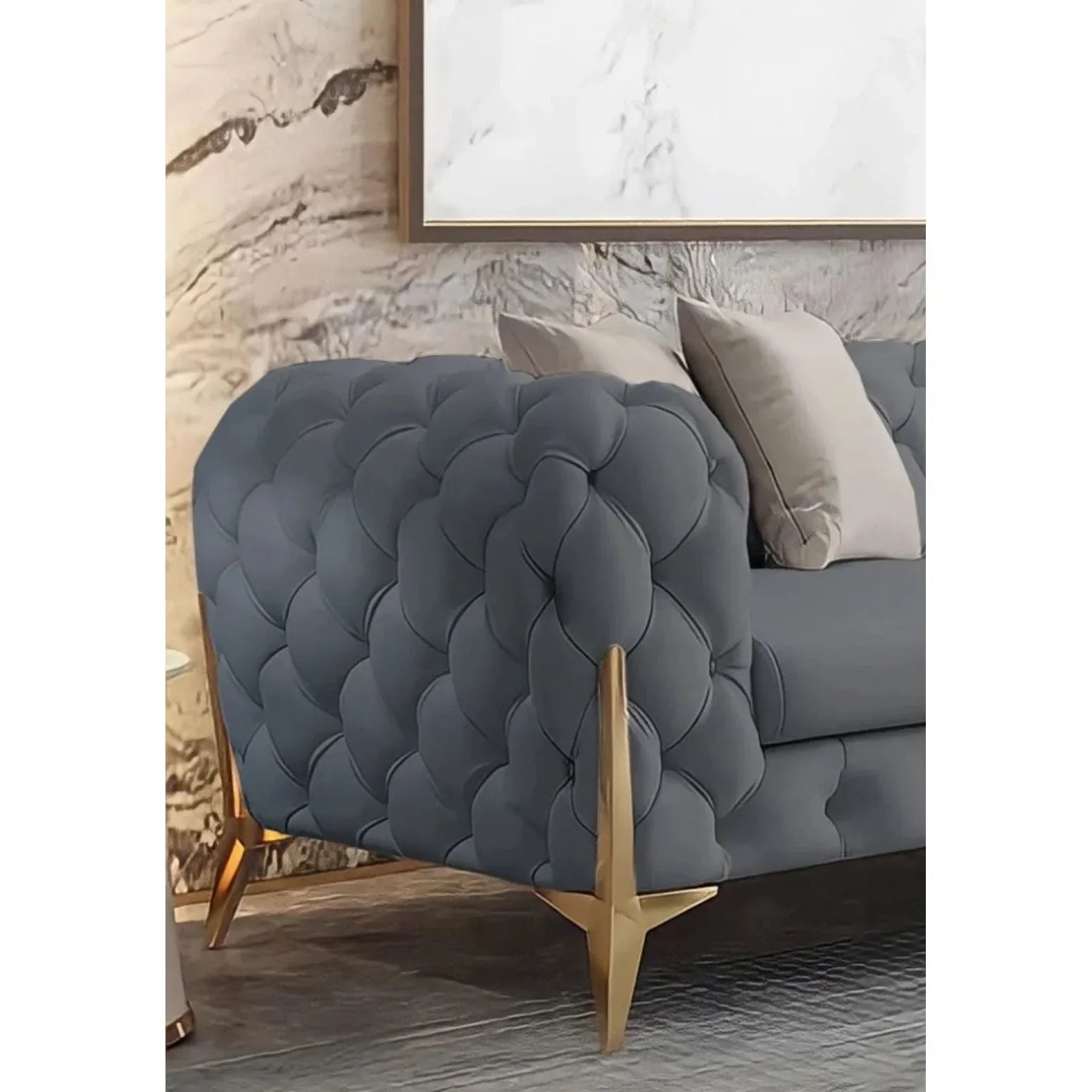 The Rocky Chesterfield Sofas Sets in Luxury Grey Leather - MOOAZAA 