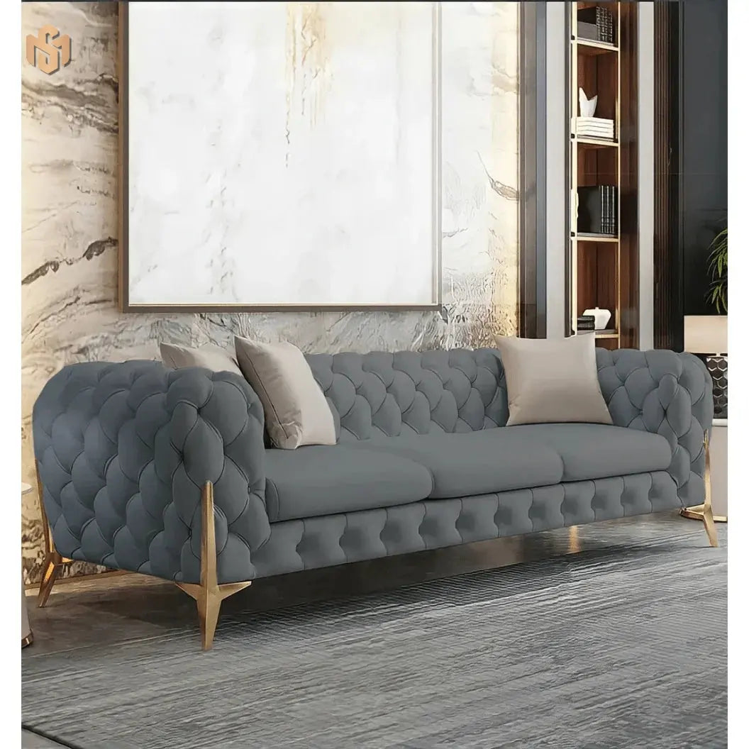 The Rocky Chesterfield Sofas Sets in Luxury Grey Leather - MOOAZAA 