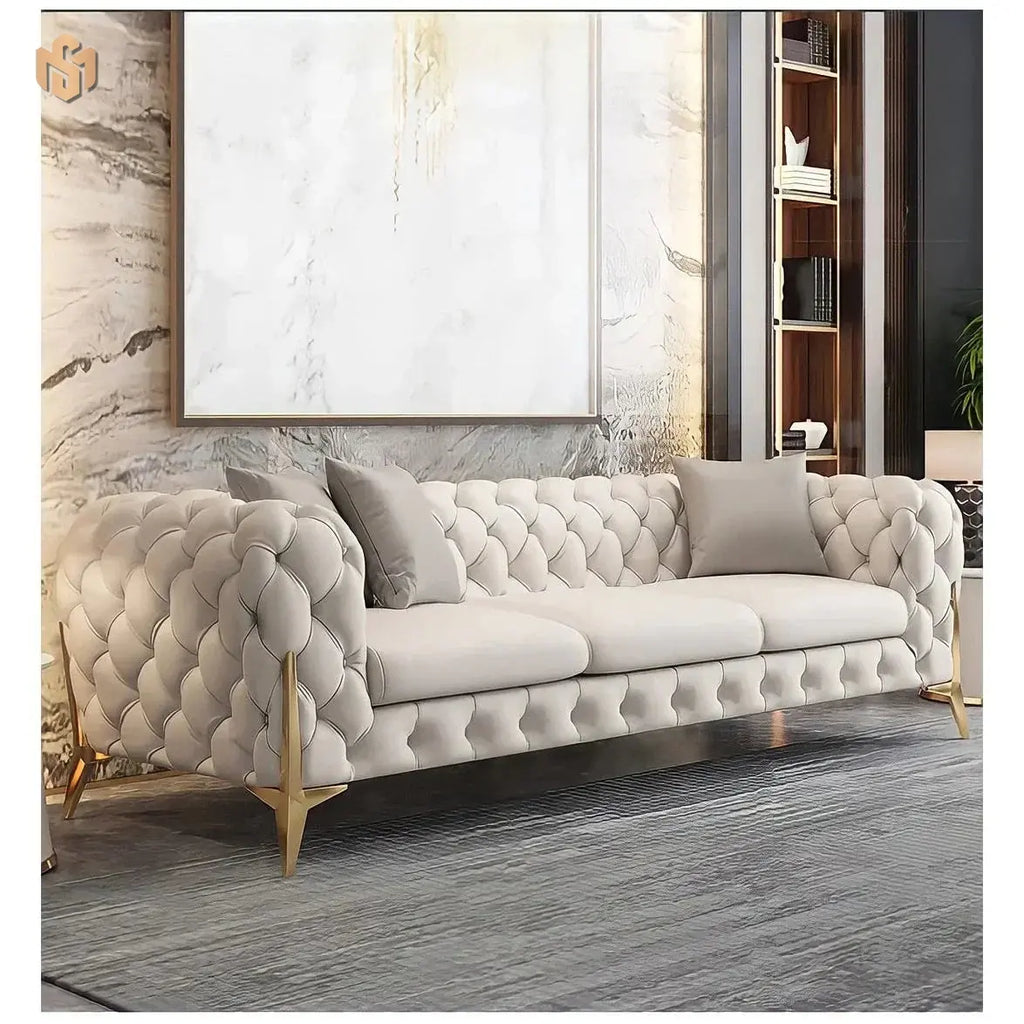 The Rocky Chesterfield Sofas Sets in Luxury Light Cream Leather - MOOAZAA 