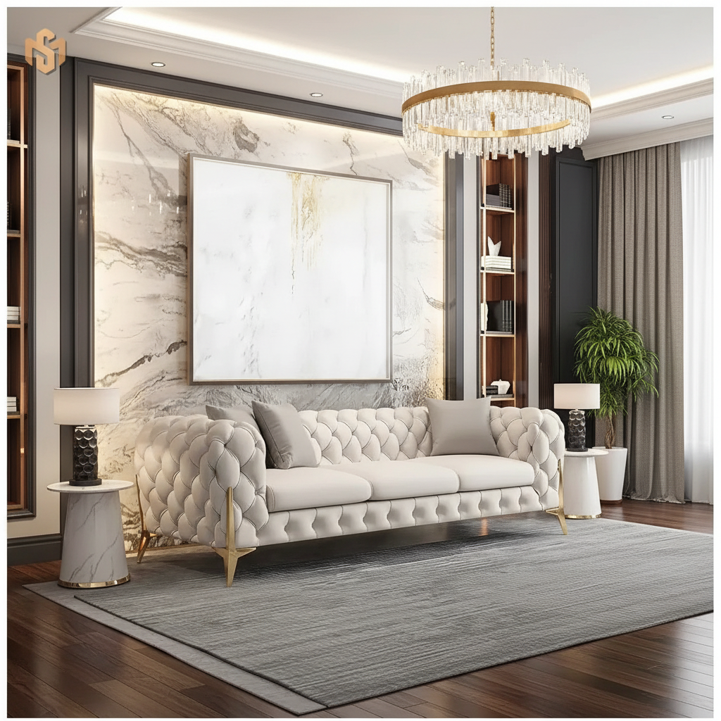 Modern living room with a tufted sofa, chandelier, and decorative elements.