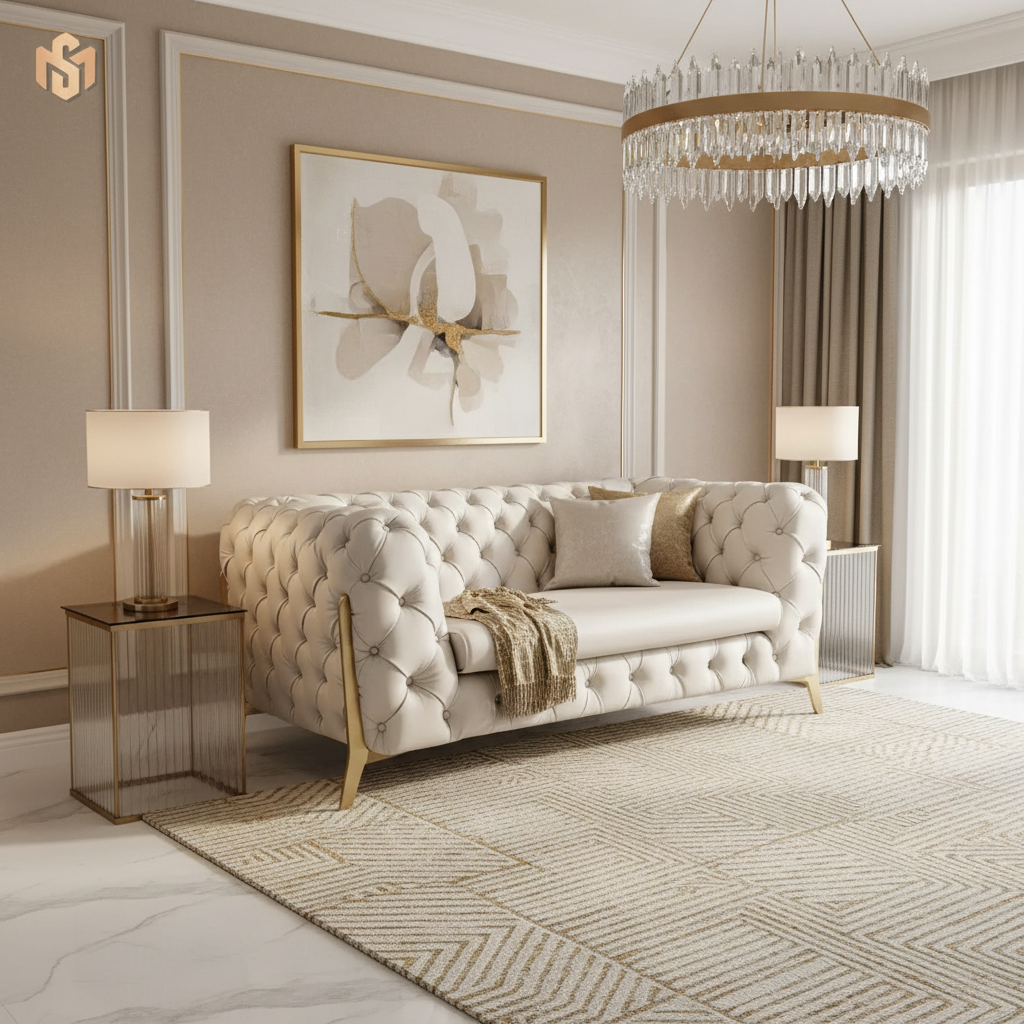 The Rocky Chesterfield Sofas Sets in Luxury Rice Whit Leather