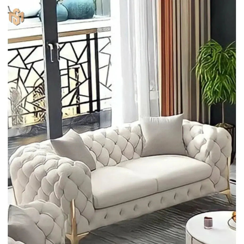 The Rocky Chesterfield Sofas Sets in Luxury Light Cream Leather - MOOAZAA 