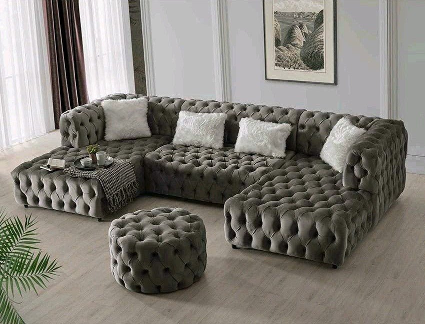 The U-Shaped Rocky Chesterfield Dark Grey Velvet Corner Sofa - MOOAZAA 