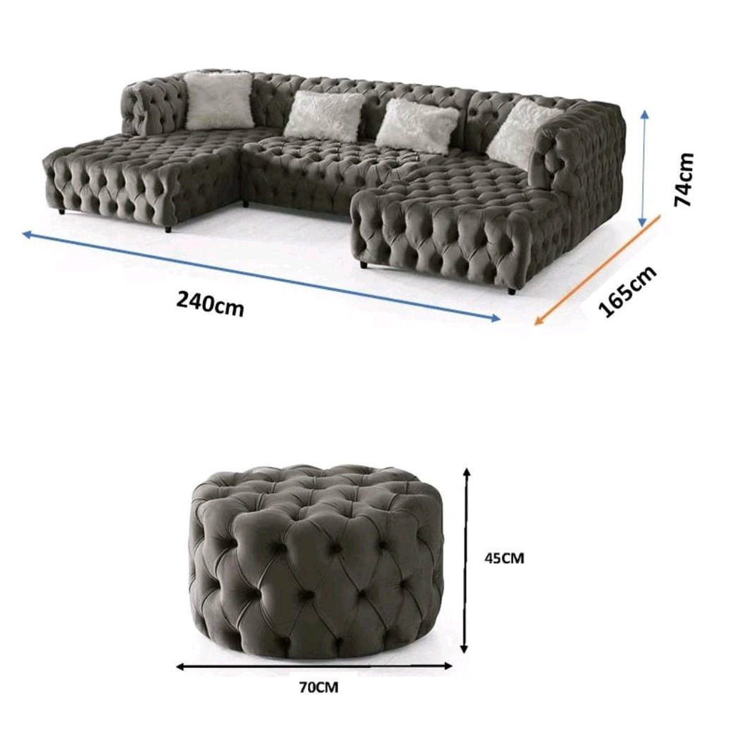 The U-Shaped Rocky Chesterfield Dark Grey Velvet Corner Sofa - MOOAZAA 