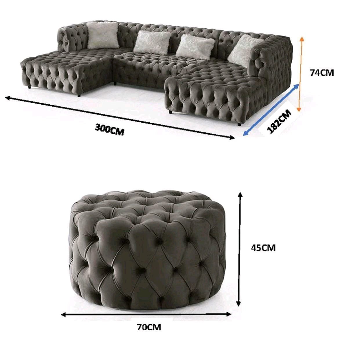 The U-Shaped Rocky Chesterfield Dark Grey Velvet Corner Sofa - MOOAZAA 
