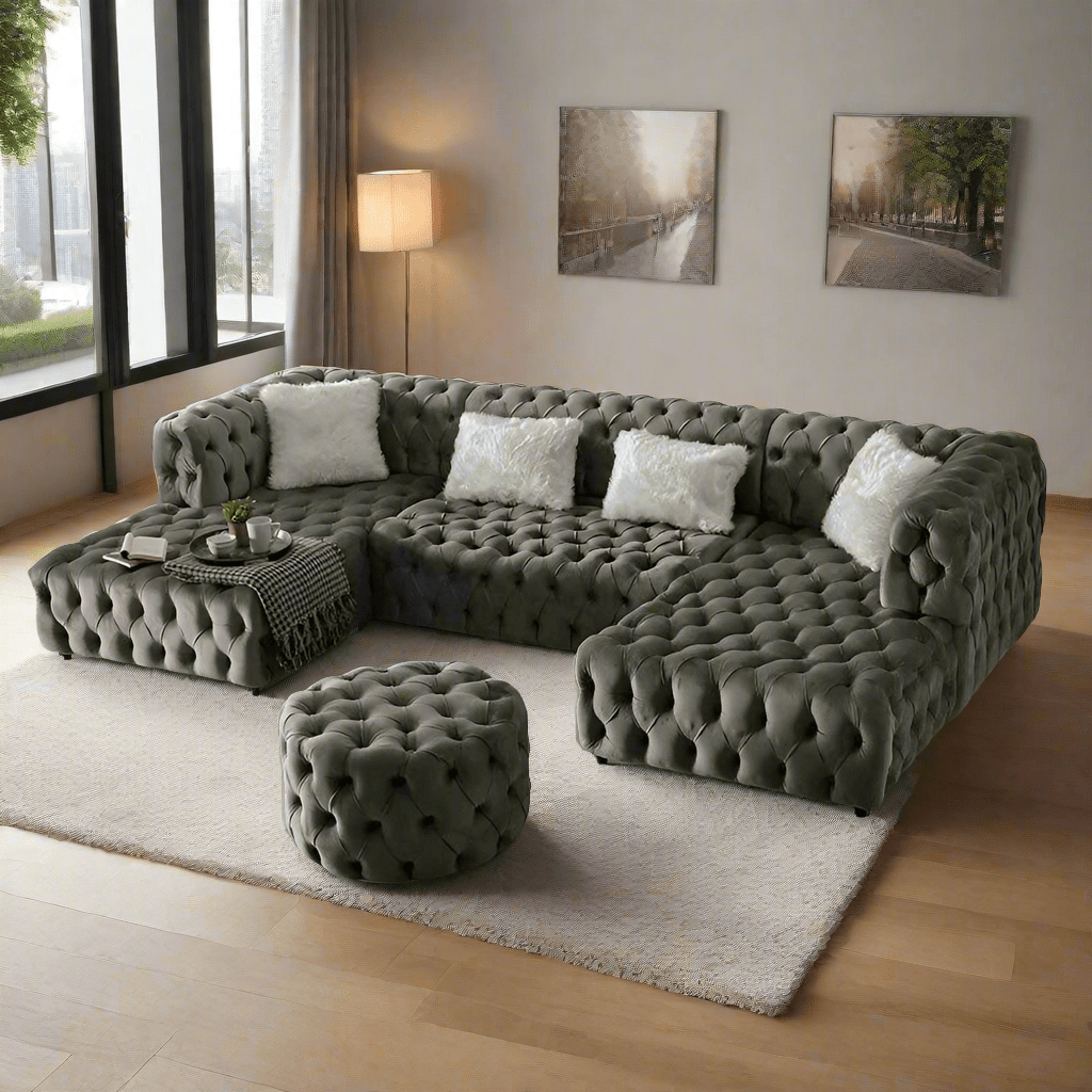 The U-Shaped Rocky Chesterfield Dark Grey Velvet Corner Sofa - MOOAZAA 