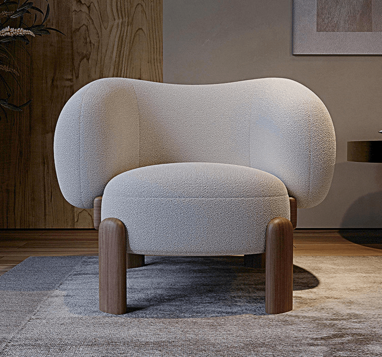 Modern armchair with wooden legs in a room setting