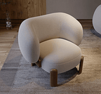 Modern beige armchair with wooden legs on a gray rug