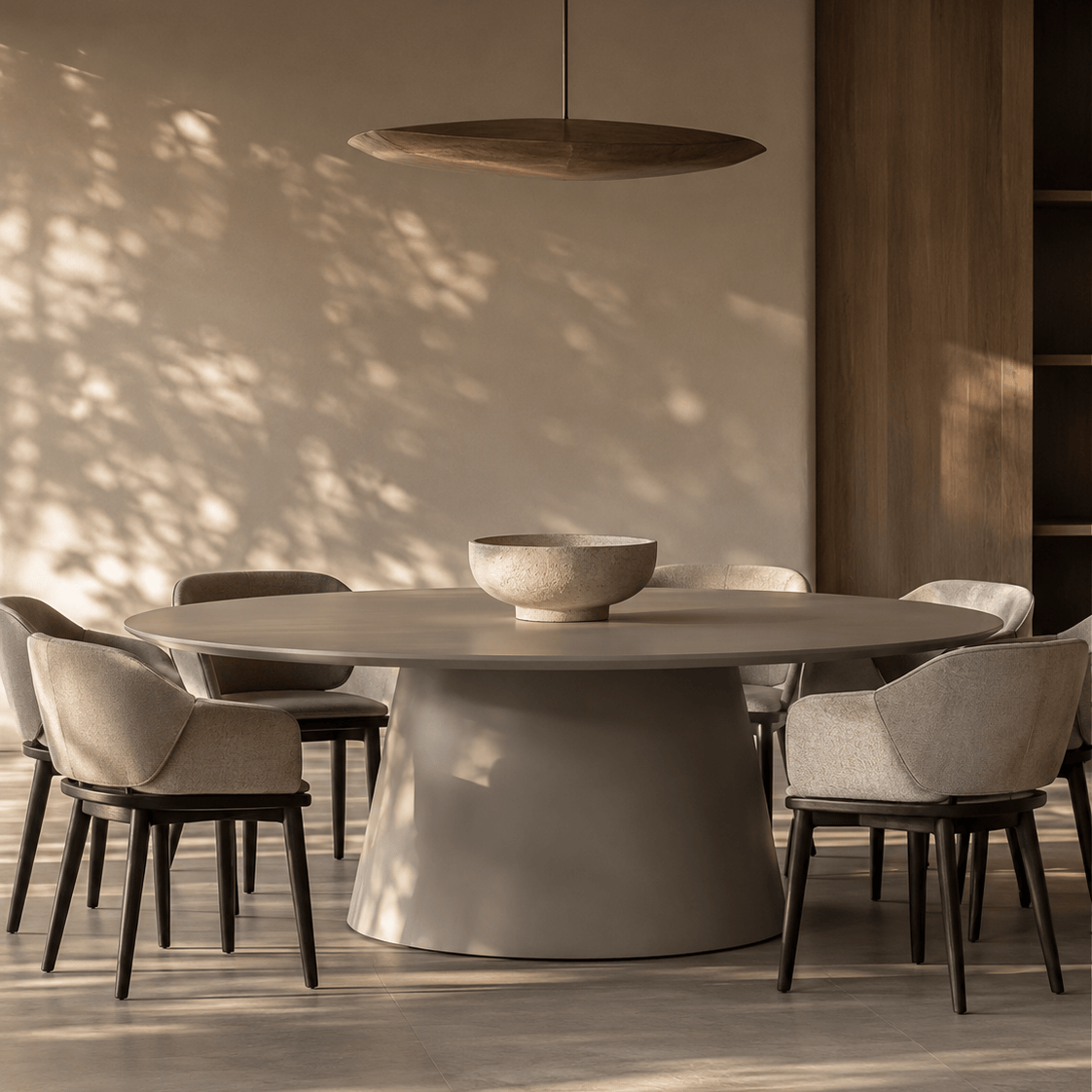 Dining area with a round table and chairs in a modern interior setting.