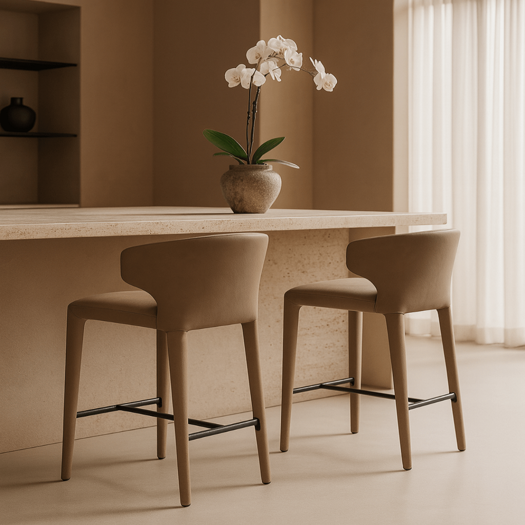 Two beige bar stools in front of a light-colored counter with a vase of white flowers on a neutral background.
