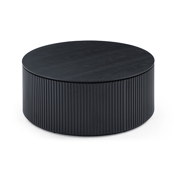 Round black coffee table with ribbed texture on a white background