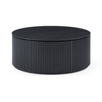 Round black coffee table with ribbed texture on a white background