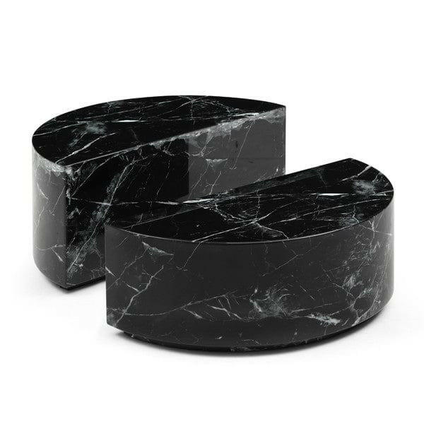Two black marble coasters on a white background