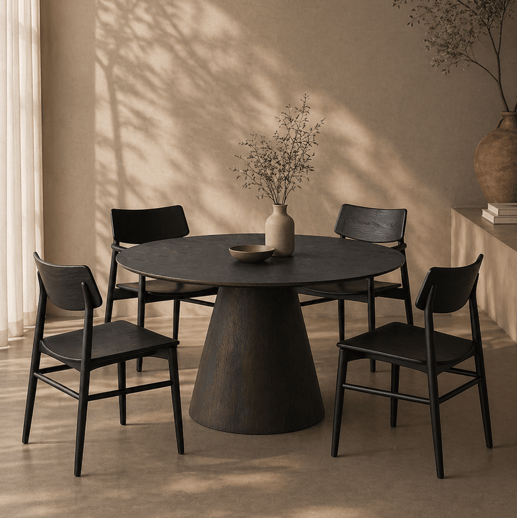 Dining area with a round black table and four matching chairs in a softly lit room.