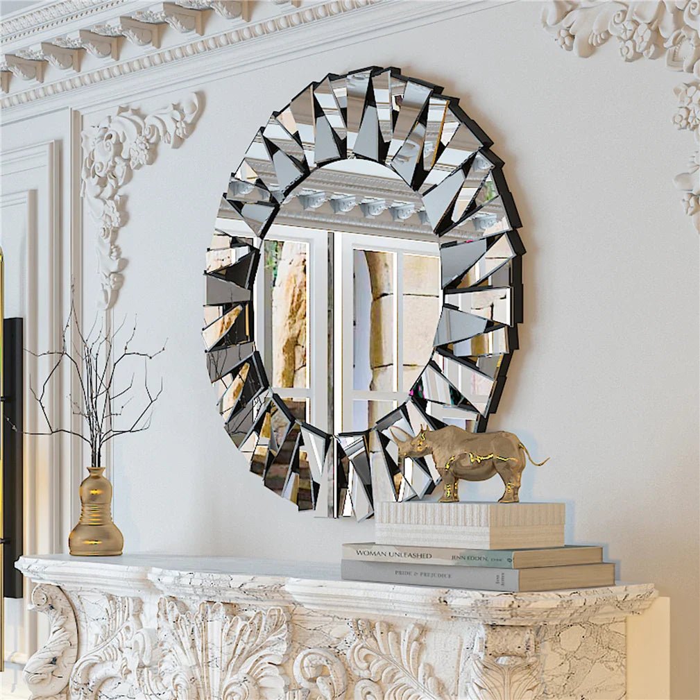 Unique Sunburst Decorative Wall Mirror Round 800MM Silver Beveled Glass Accent Mirrors Bathroom - MOOAZAA