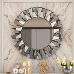 Unique Sunburst Decorative Wall Mirror Round 800MM Silver Beveled Glass Accent Mirrors Bathroom - MOOAZAA