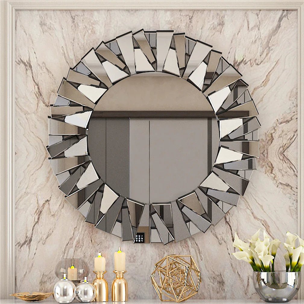 Unique Sunburst Decorative Wall Mirror Round 800MM Silver Beveled Glass Accent Mirrors Bathroom - MOOAZAA