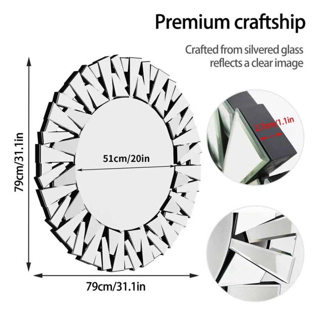 Unique Sunburst Decorative Wall Mirror Round 800MM Silver Beveled Glass Accent Mirrors Bathroom - MOOAZAA