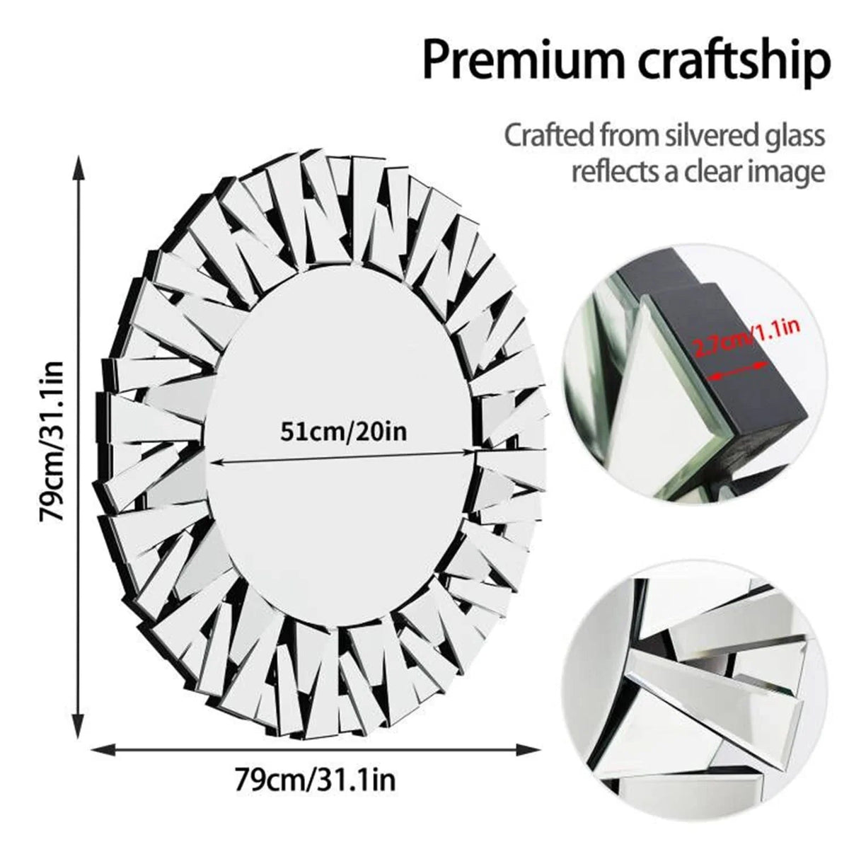 Unique Sunburst Decorative Wall Mirror Round 800MM Silver Beveled Glass Accent Mirrors Bathroom - MOOAZAA